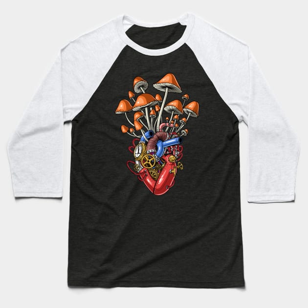 Magic Mushrooms Steampunk Heart Baseball T-Shirt by underheaven